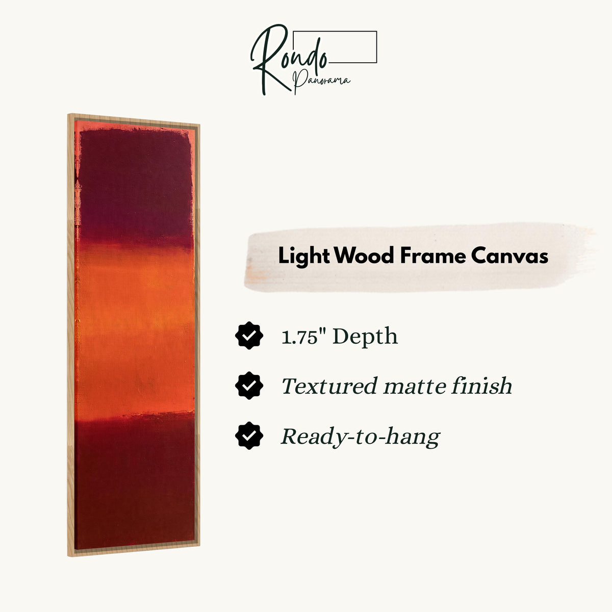 Color field bands in maroon, orange and red canvas print in a light wood floating frame