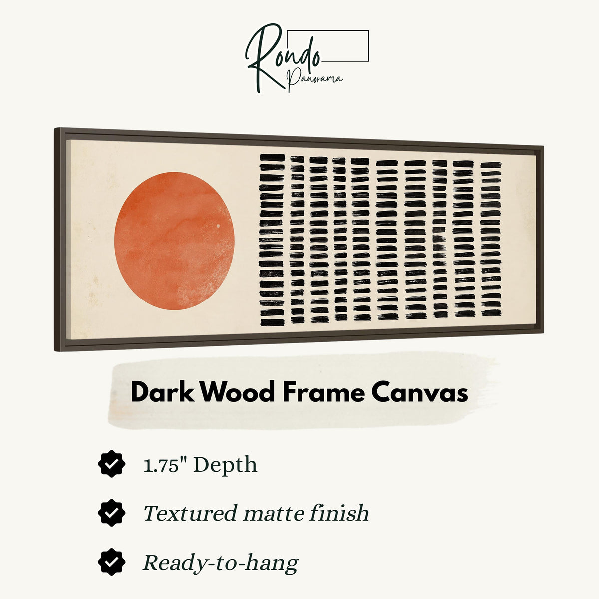 Orange sun beside rows of black dashes canvas print in a dark wood floating frame