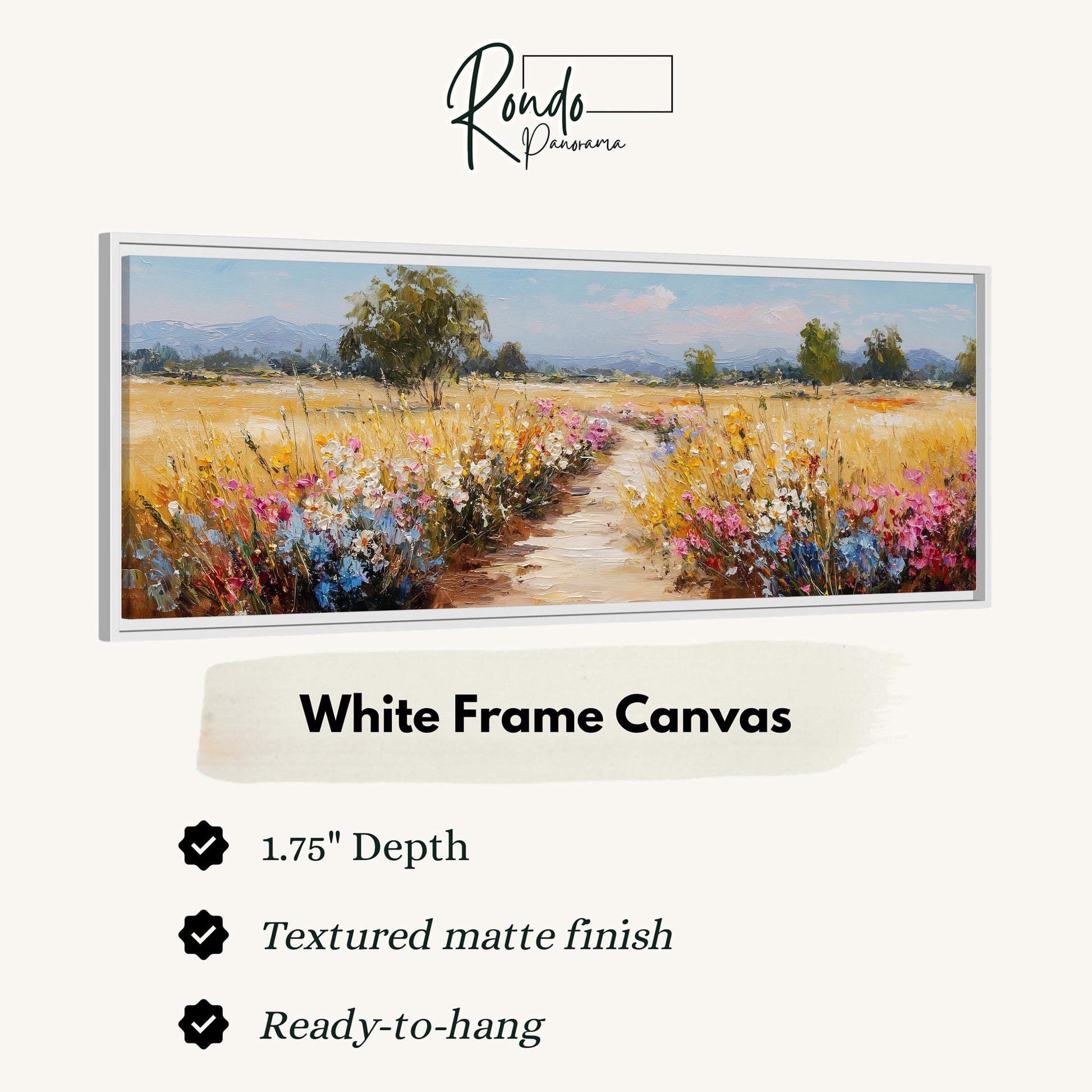 The image is a white frame canvas depicting a field of flowers with a path leading through it.