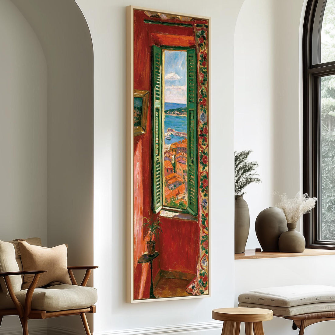 French Riviera through a window in a red room long vertical canvas print in a sunlit living space