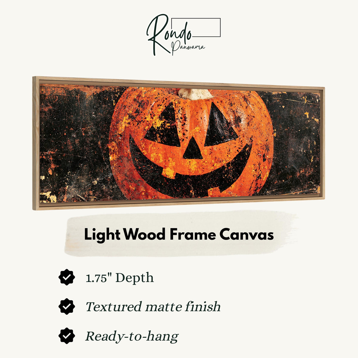 Rustic distressed jack-o'-lantern canvas print in a light wood floating frame