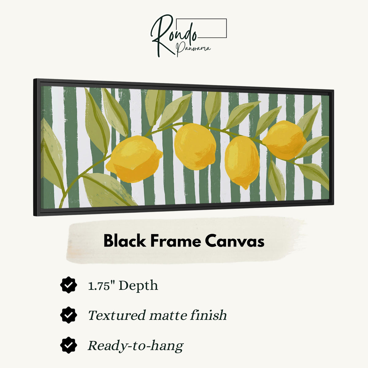 Lemon branch on green stripes canvas print in a black floating frame
