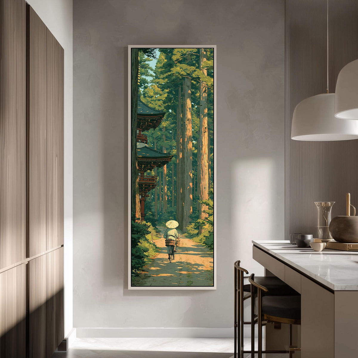 Walker on a cedar forest path by a pagoda tall skinny canvas print in a modern kitchen