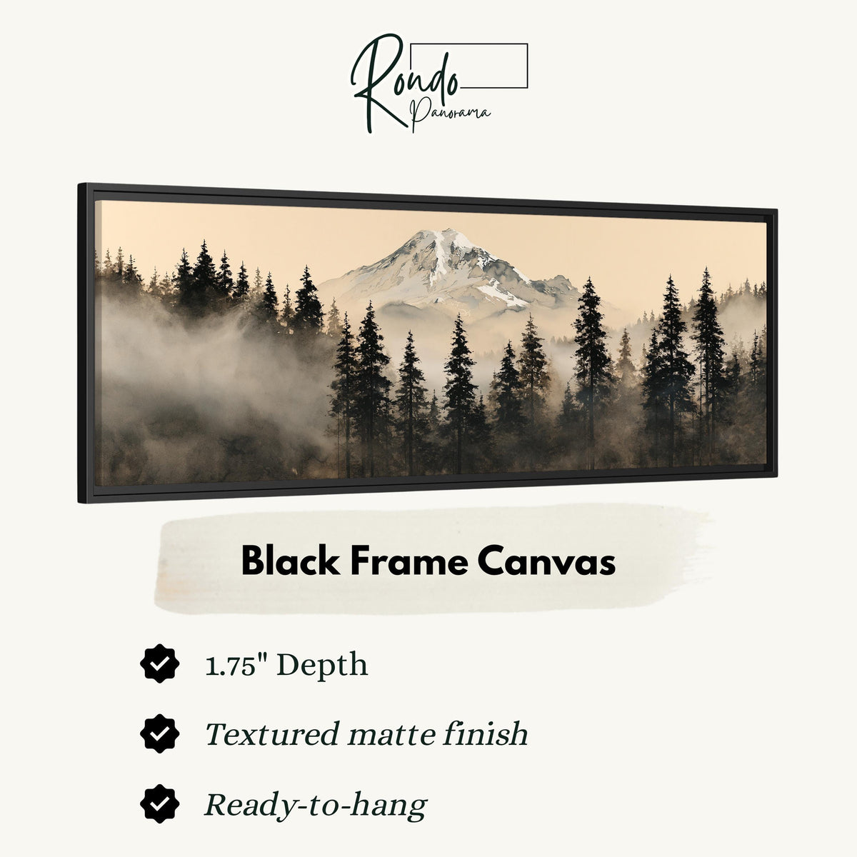 Foggy pine forest below a snowy mountain canvas print in a black floating frame