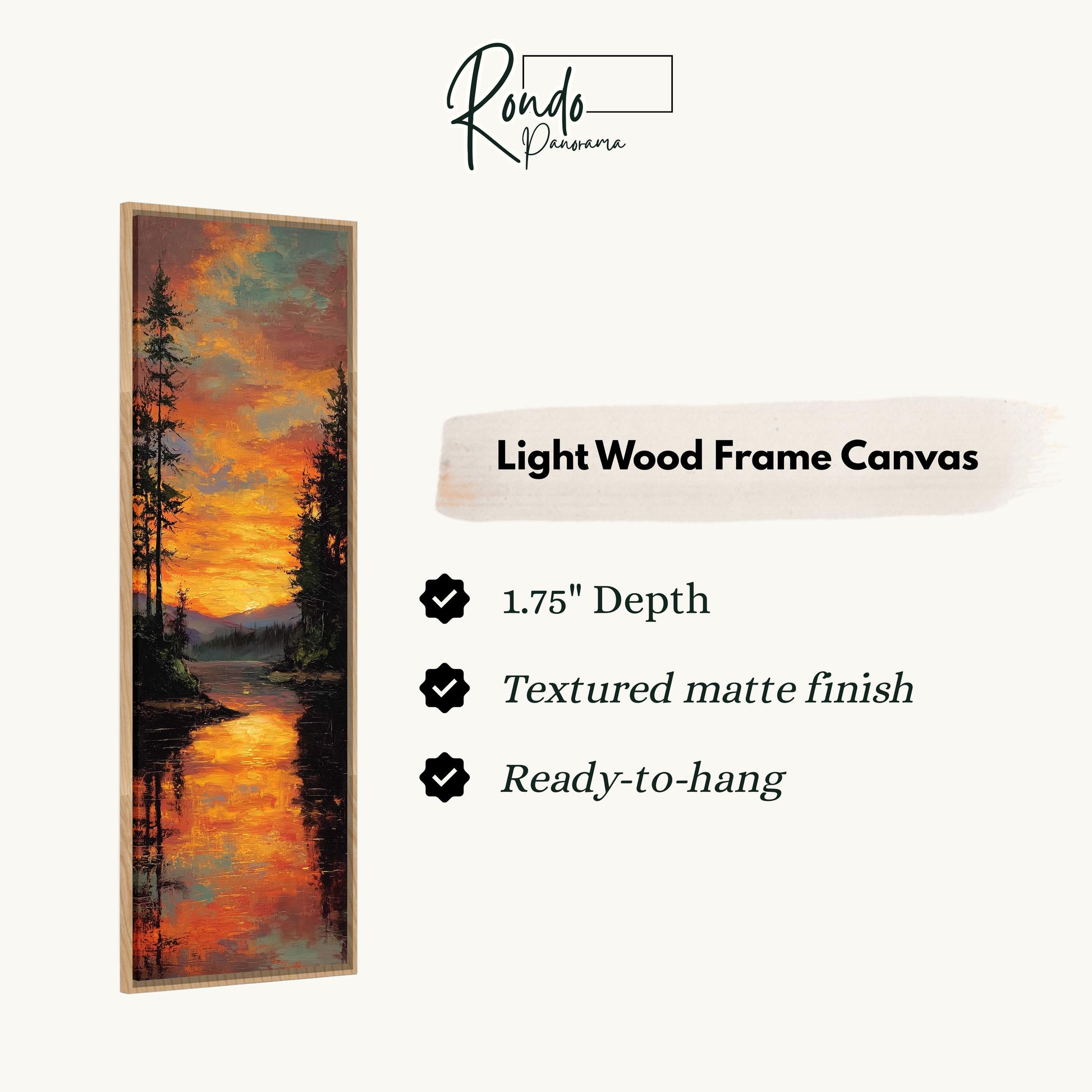 The image is a vertical text box containing information about a light wood frame canvas.