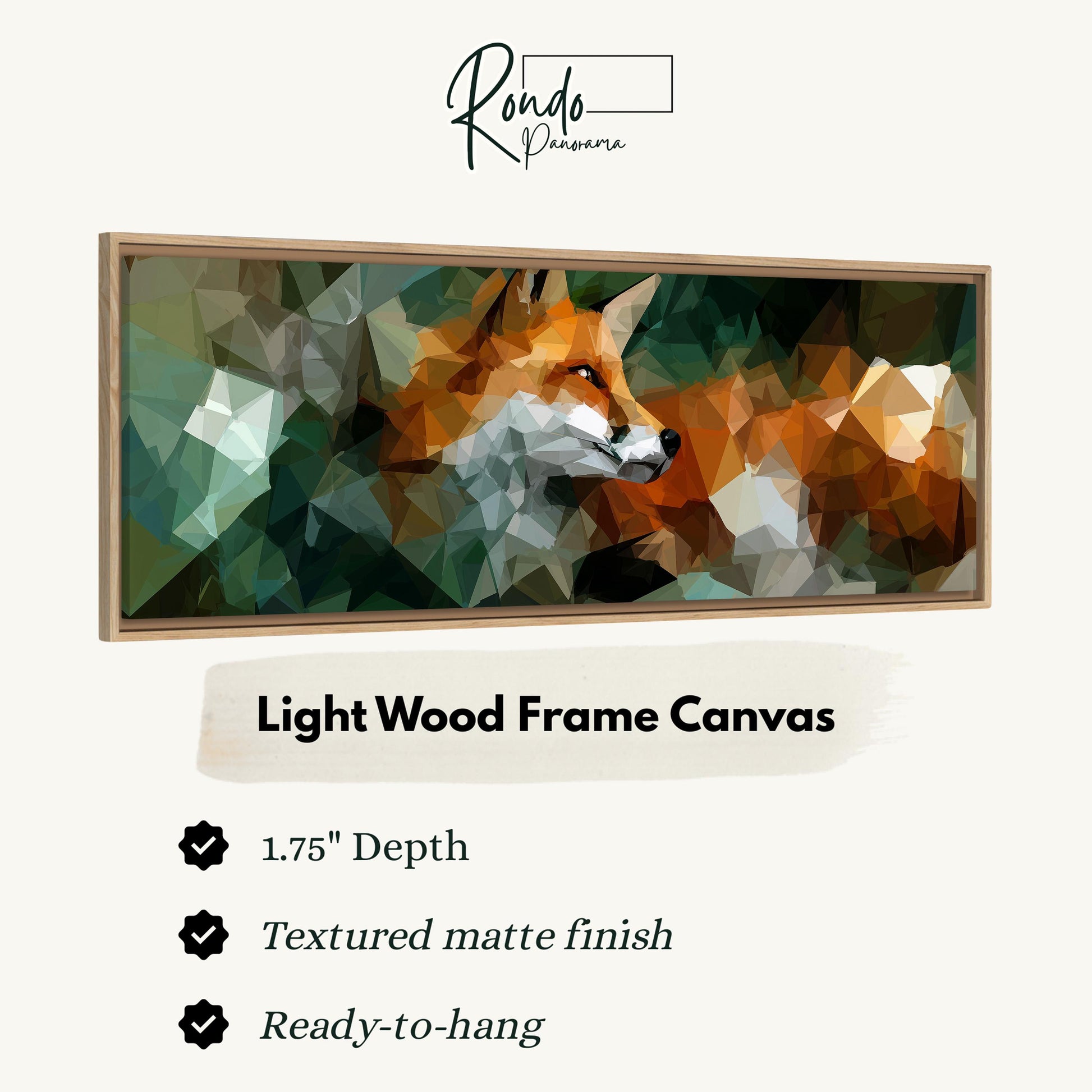 The image is a framed canvas depicting a fox in a light wood frame.