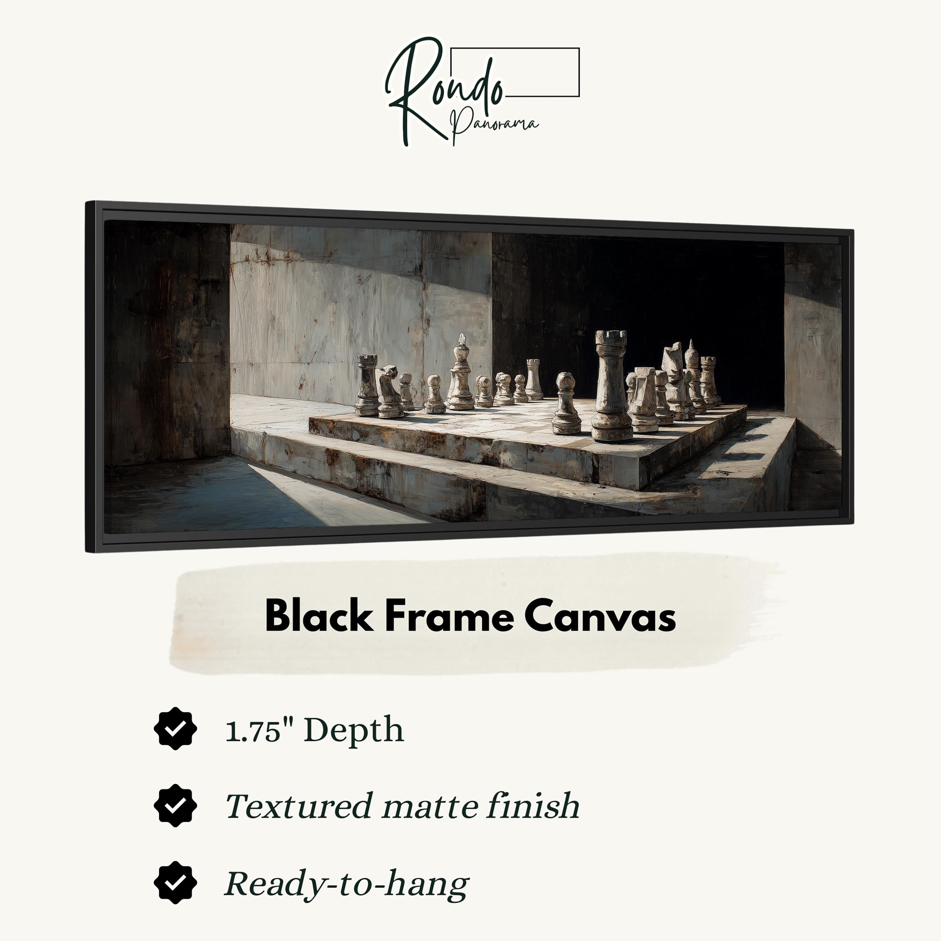 The image is a black frame canvas featuring a chess set on a chessboard, with a textured matte finish and a depth of 1.75 inches.