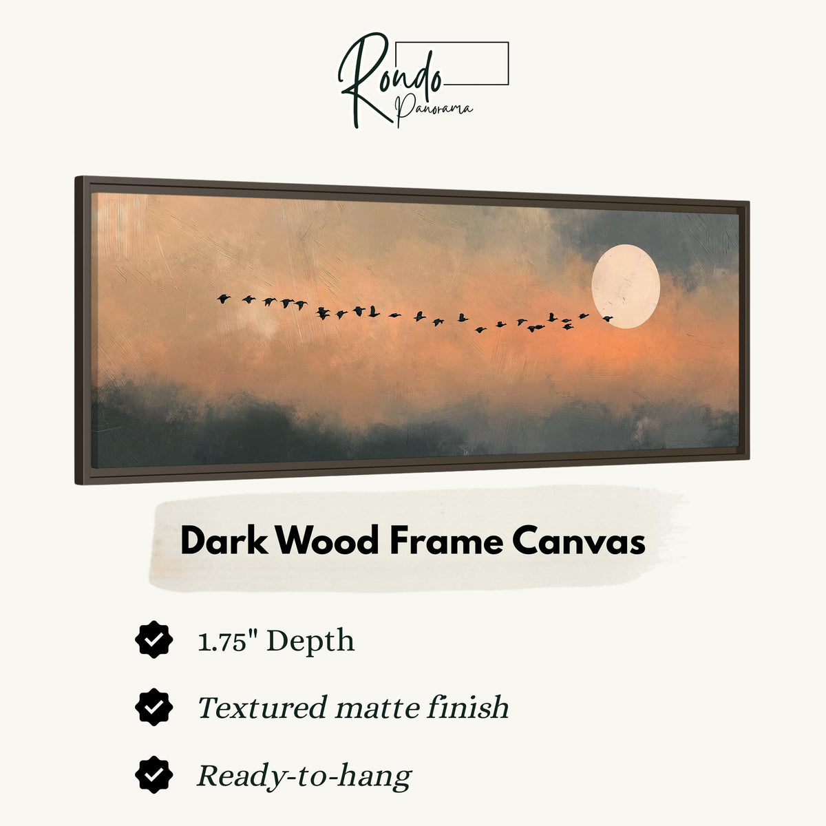 Geese flying toward the moon at twilight canvas print in a dark wood floating frame