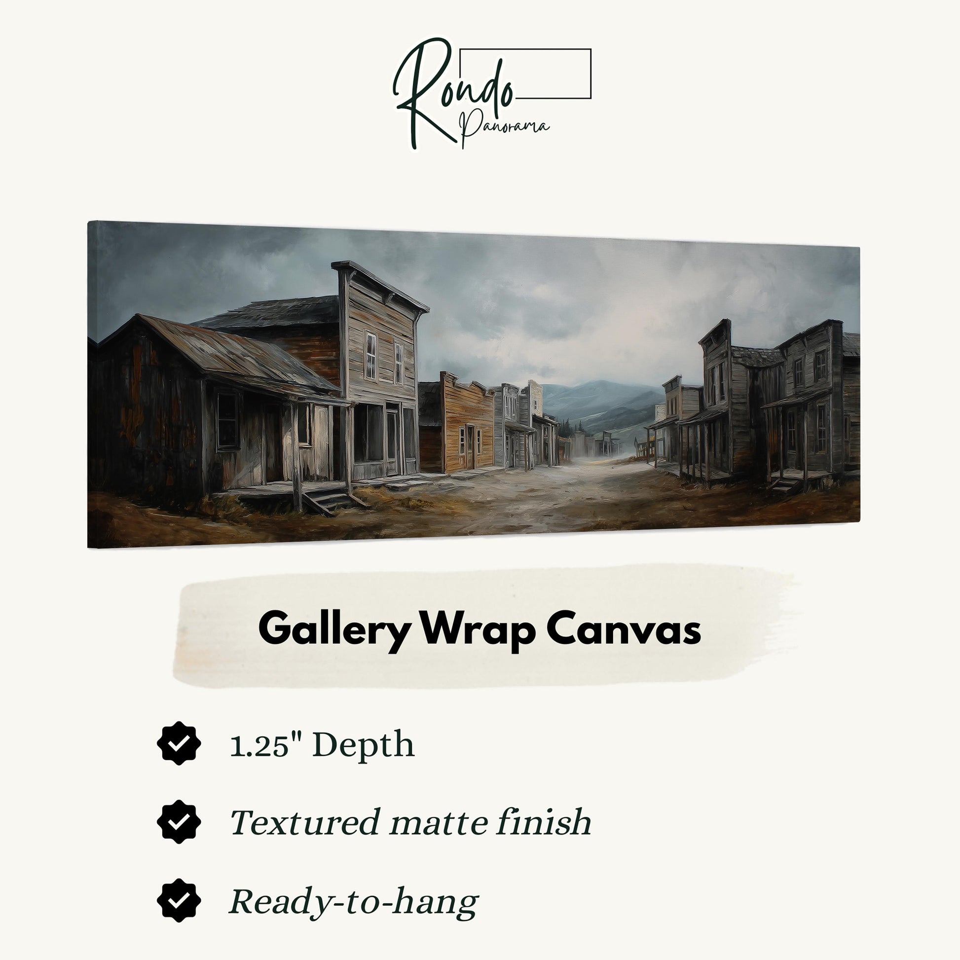 The image is a painting of a town street with old buildings, and it is a gallery wrap canvas.