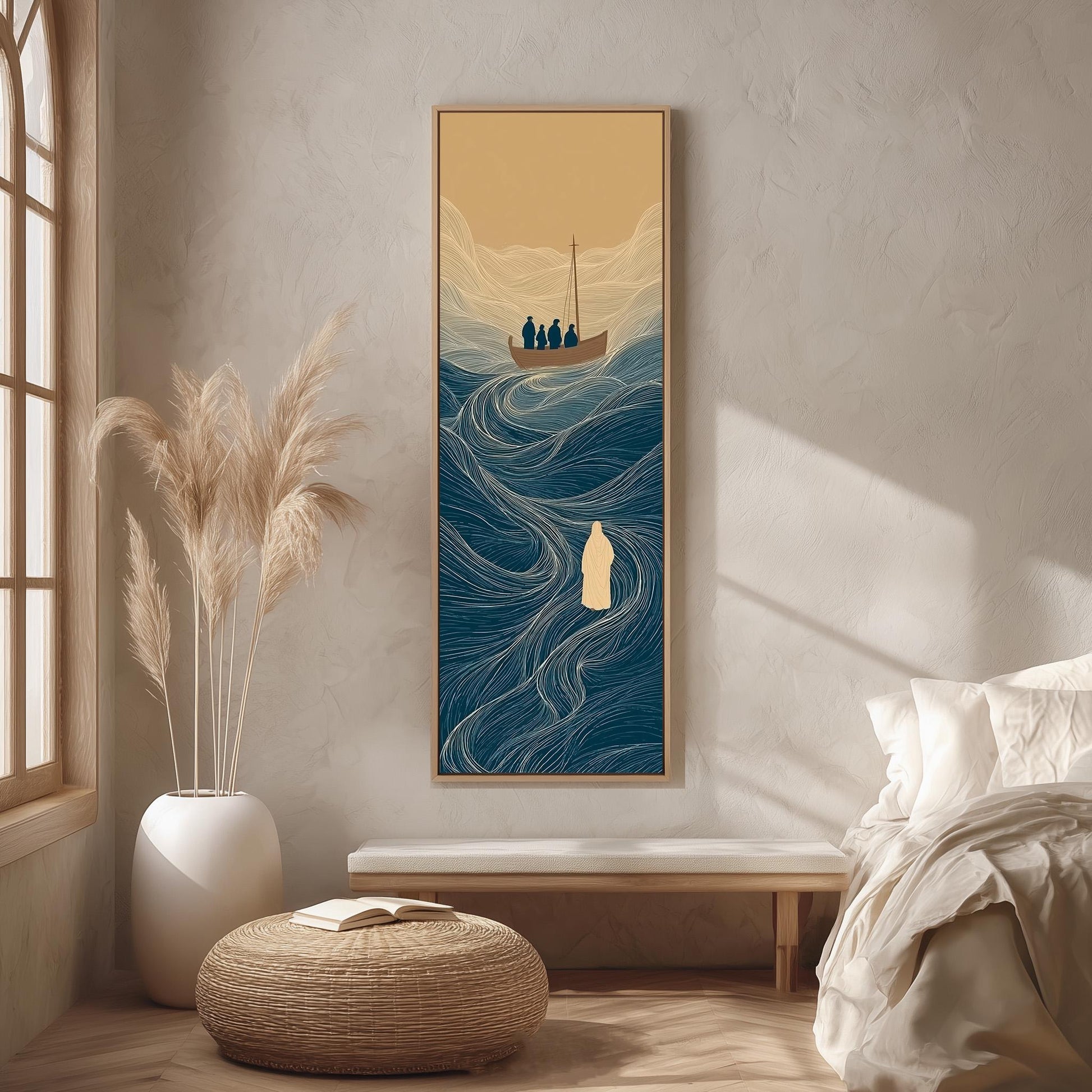 a serene indoor setting with a large painting of a boat on the wall, a potted plant, a bench, and a window.