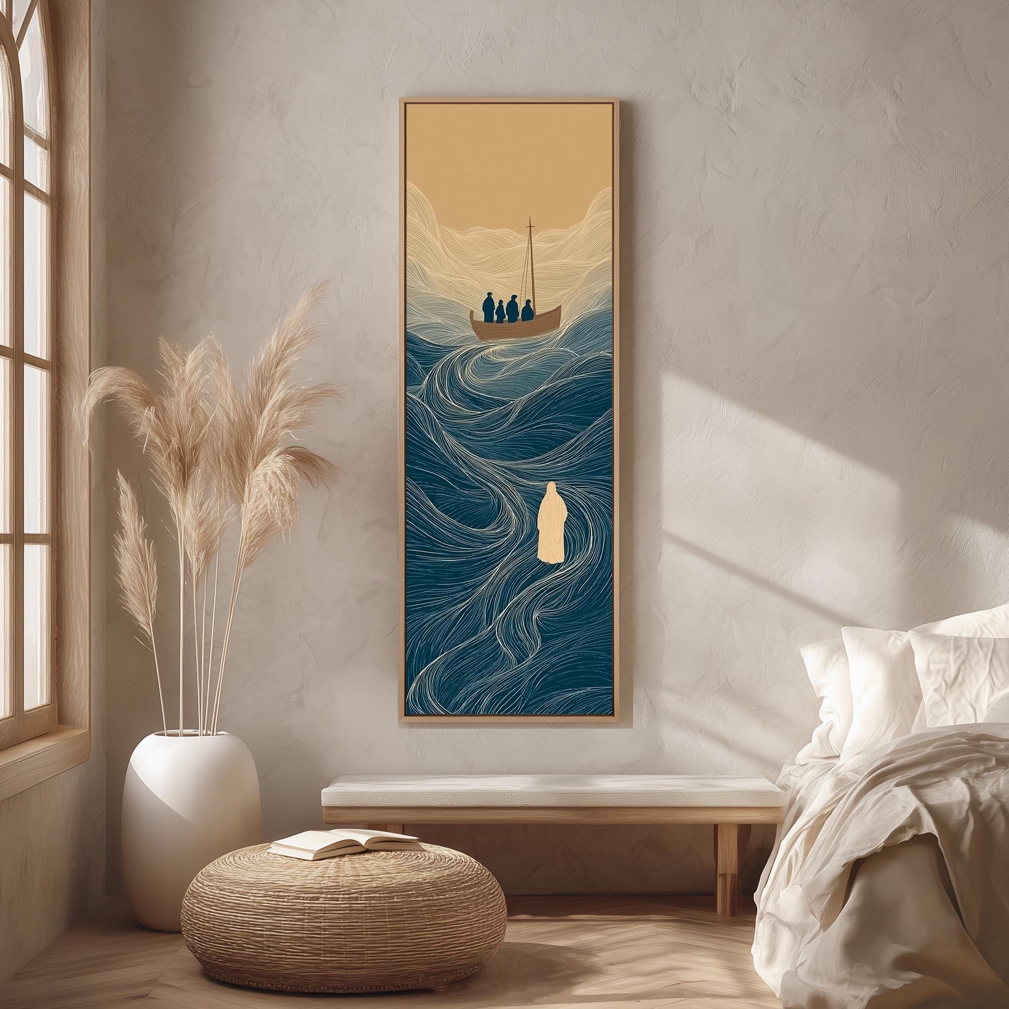 a serene indoor setting with a large painting of a boat on the wall, a potted plant, a bench, and a window.