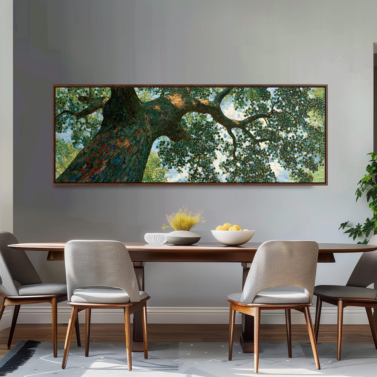 Looking up into an oak canopy long horizontal canvas print above a dining table