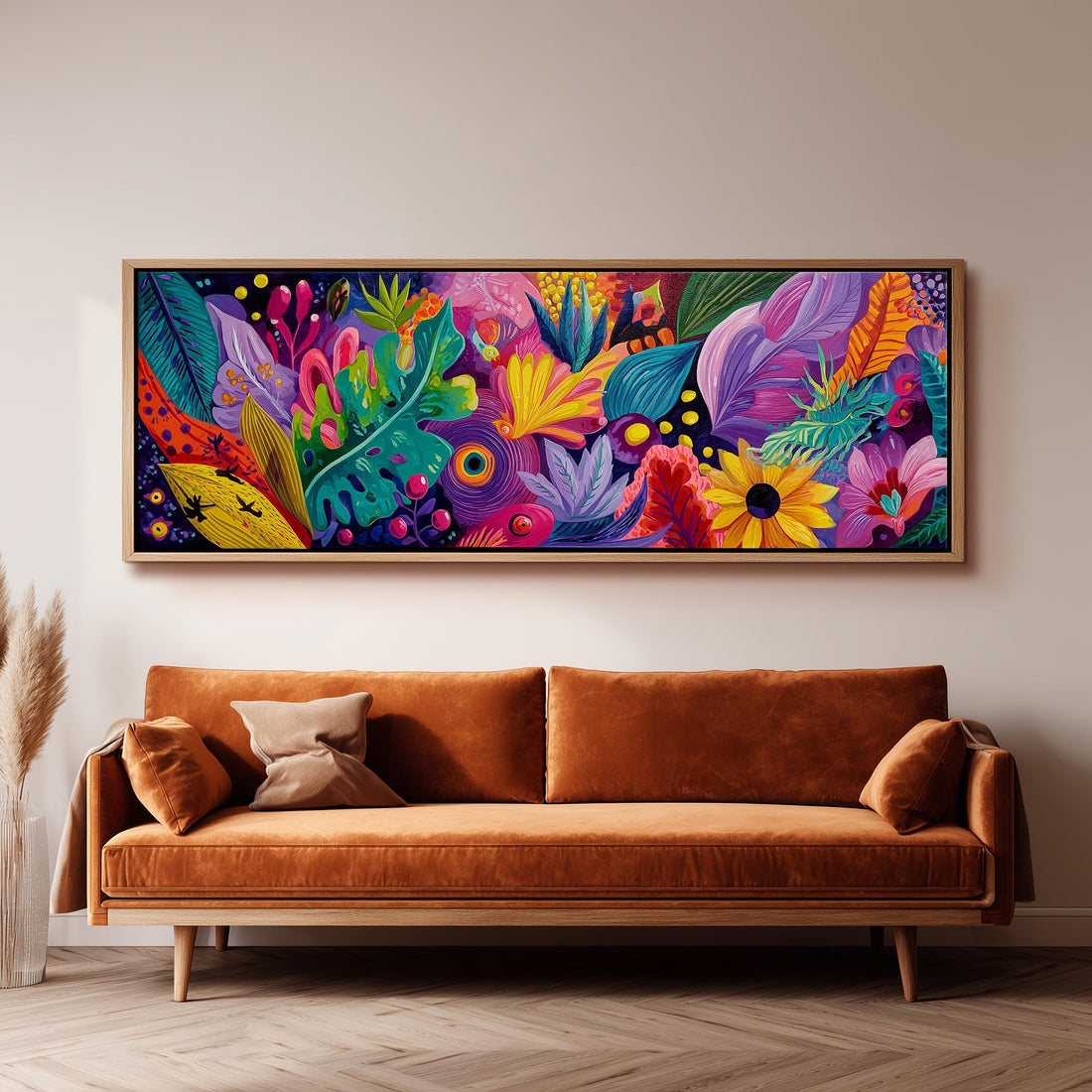 a large, colorful painting of tropical flowers and foliage hanging on a wall above a black and white checkered sofa.
