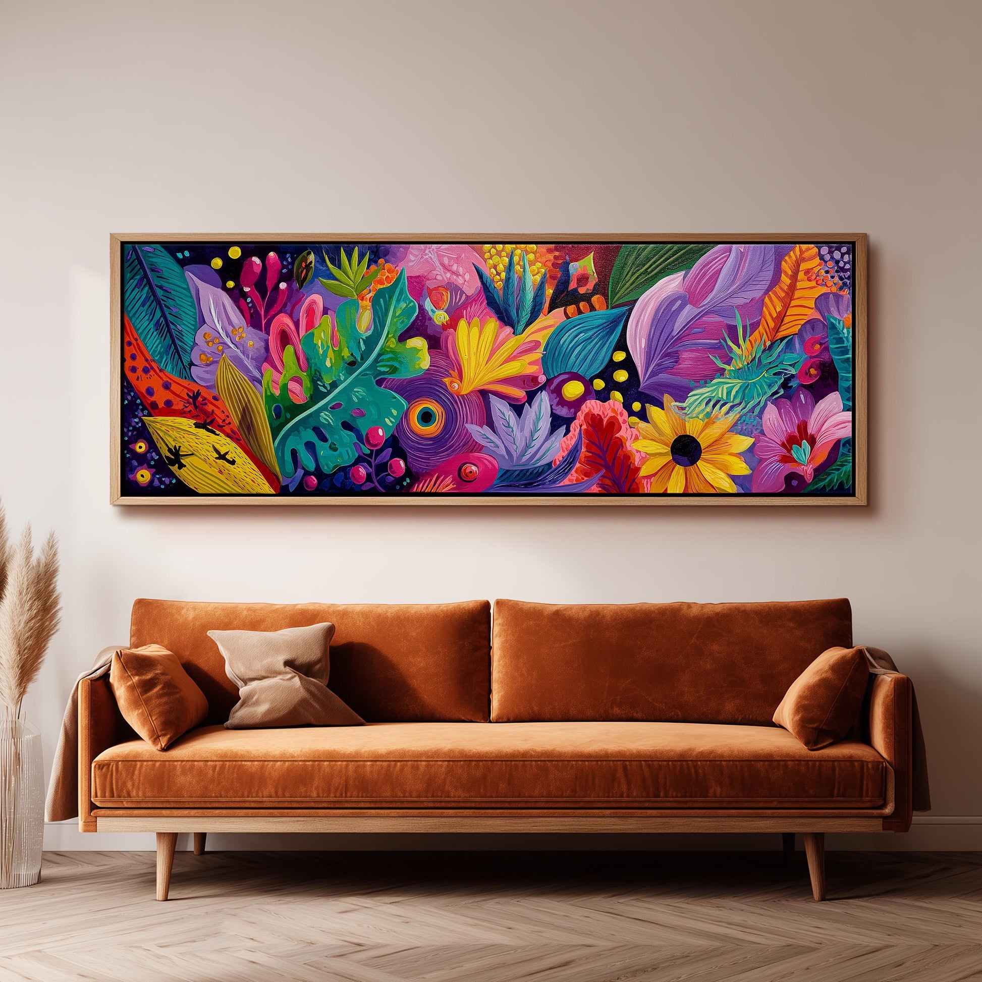 a large, colorful painting of a tropical garden hanging on a wall above a brown sofa.