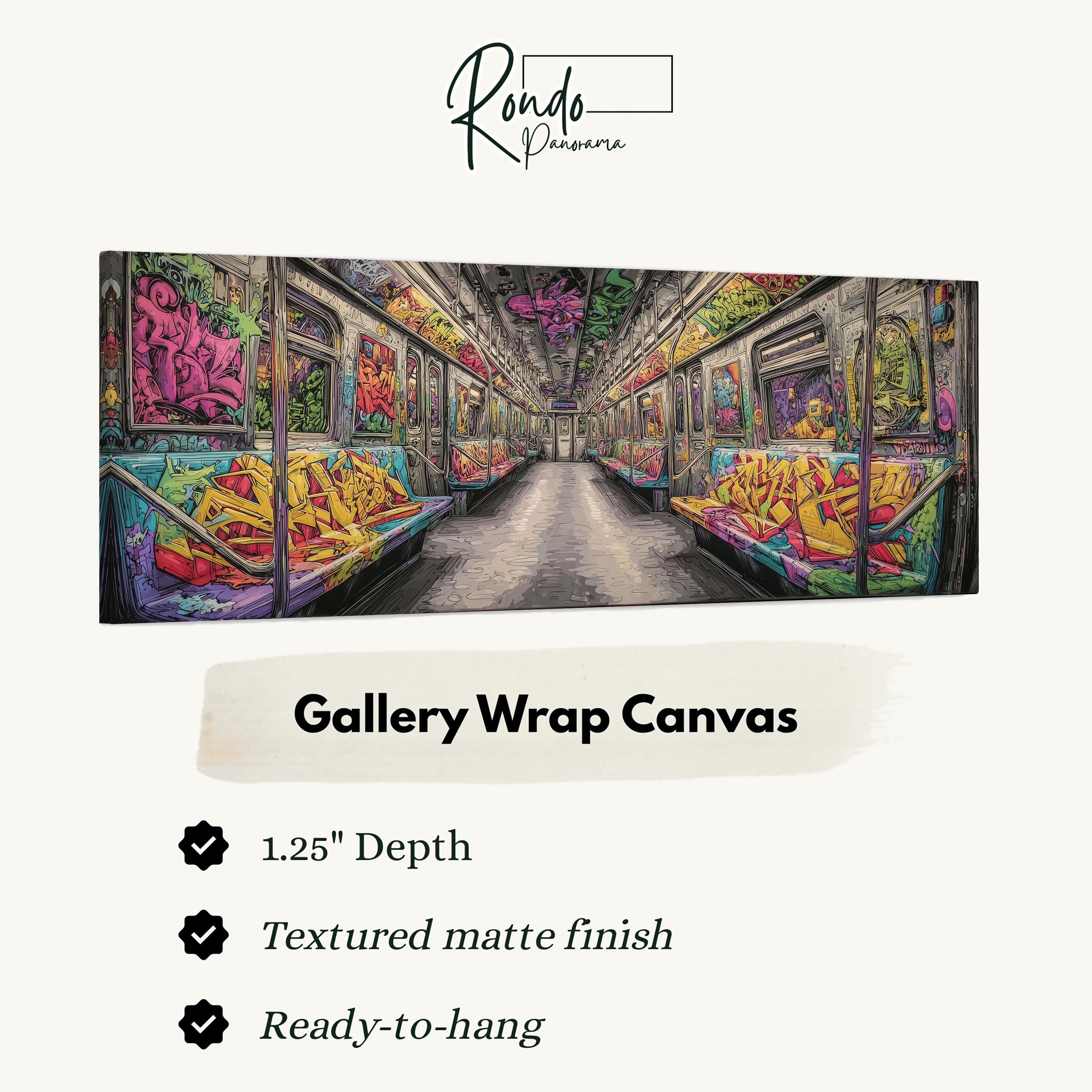 The image is a colorful and vibrant painting of a subway car, showcasing the interior with graffiti and various artistic elements.