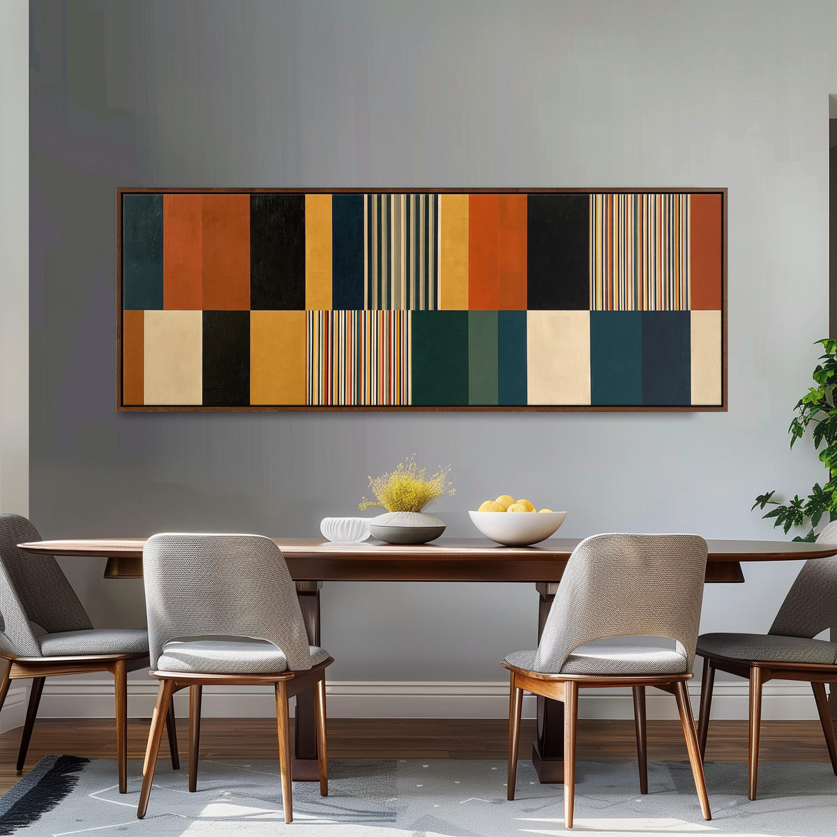 Autumn and teal stripe color blocks long horizontal canvas print above a dining table