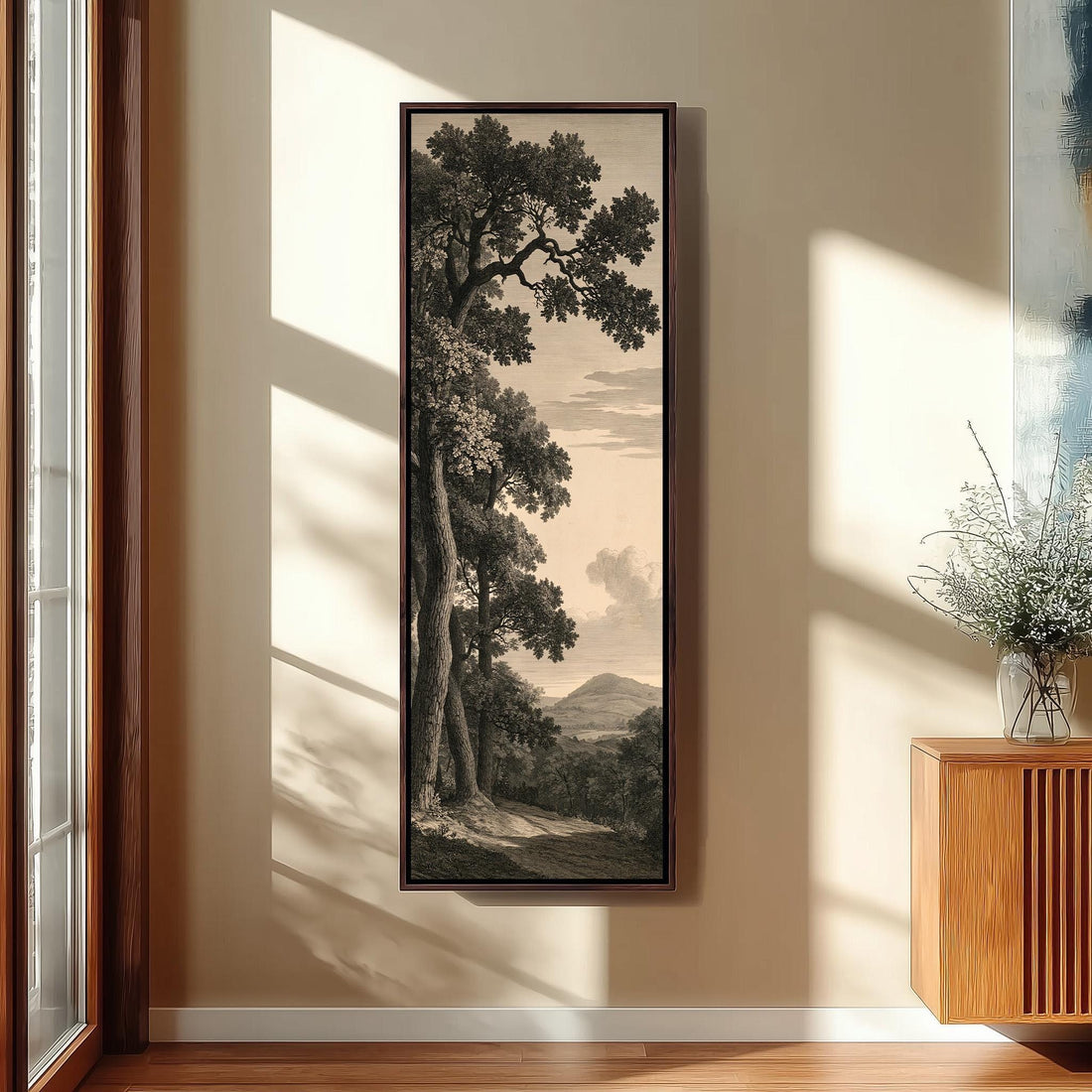 Vintage engraving of an oak tree long vertical canvas print in a sunlit living space