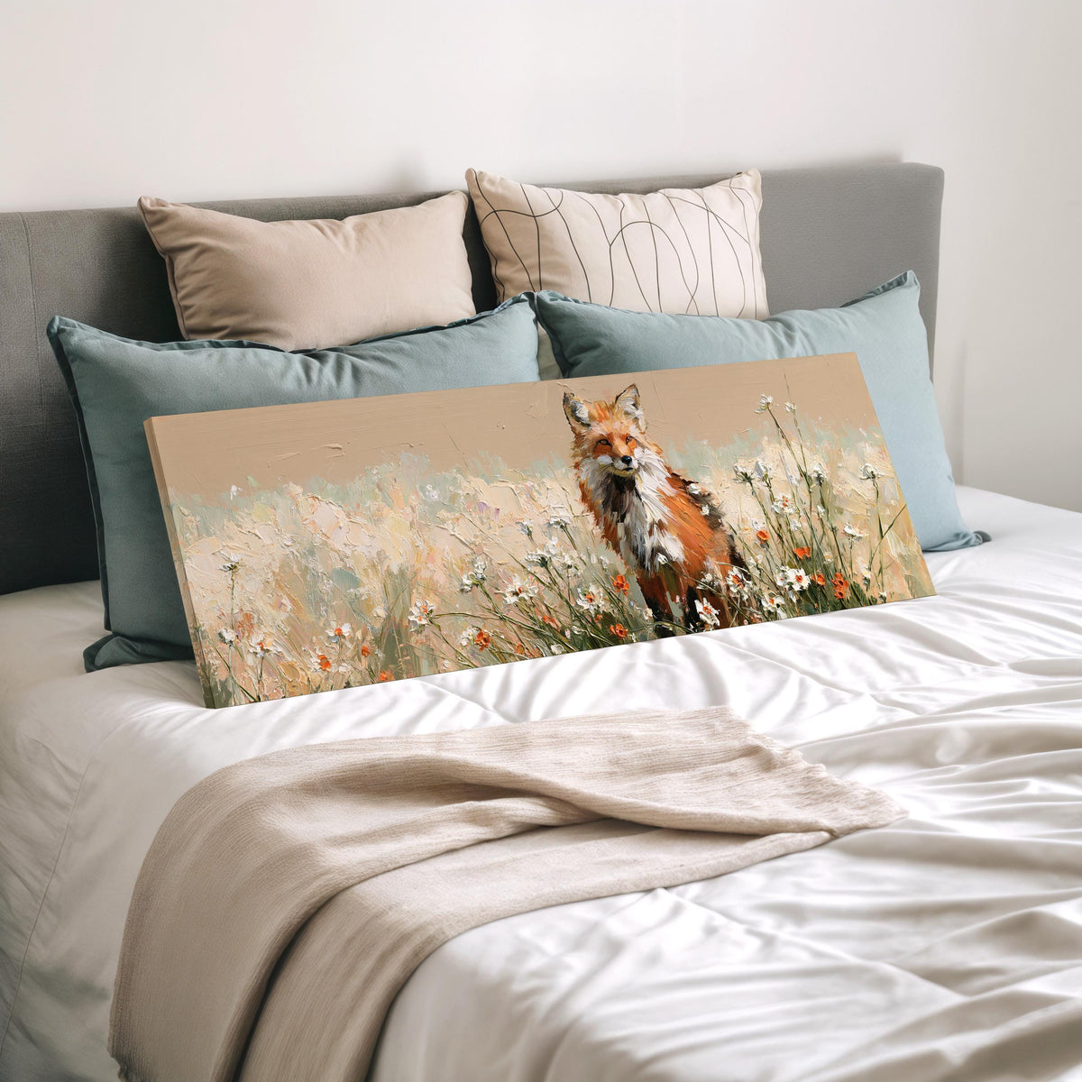 Red fox sitting among white wildflowers wide panoramic canvas print laid on a bed to show its size