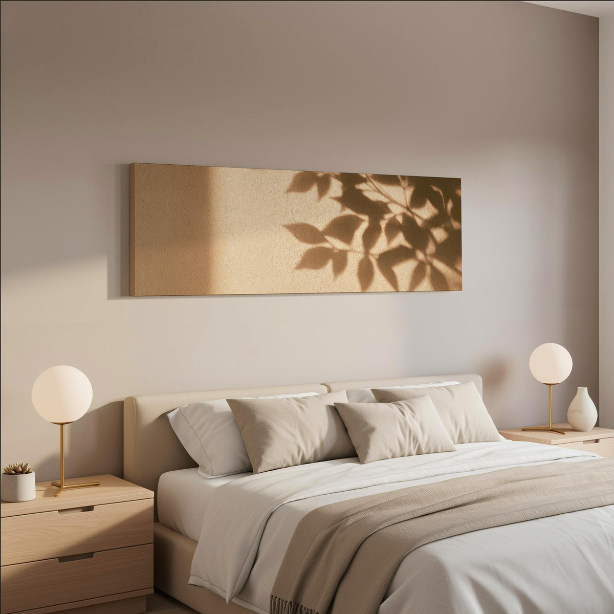 Leaf shadows on a golden plaster wall wide panoramic canvas print above a bed in a neutral bedroom