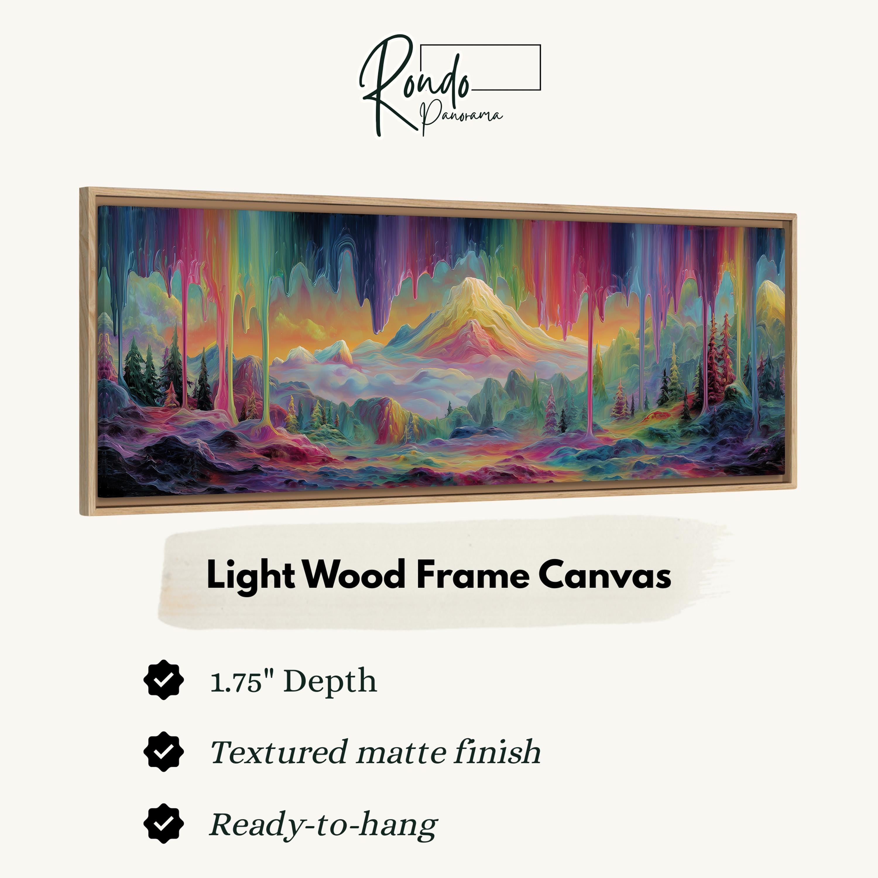 The image is a framed artwork depicting a vibrant, colorful landscape with a mountain in the background.