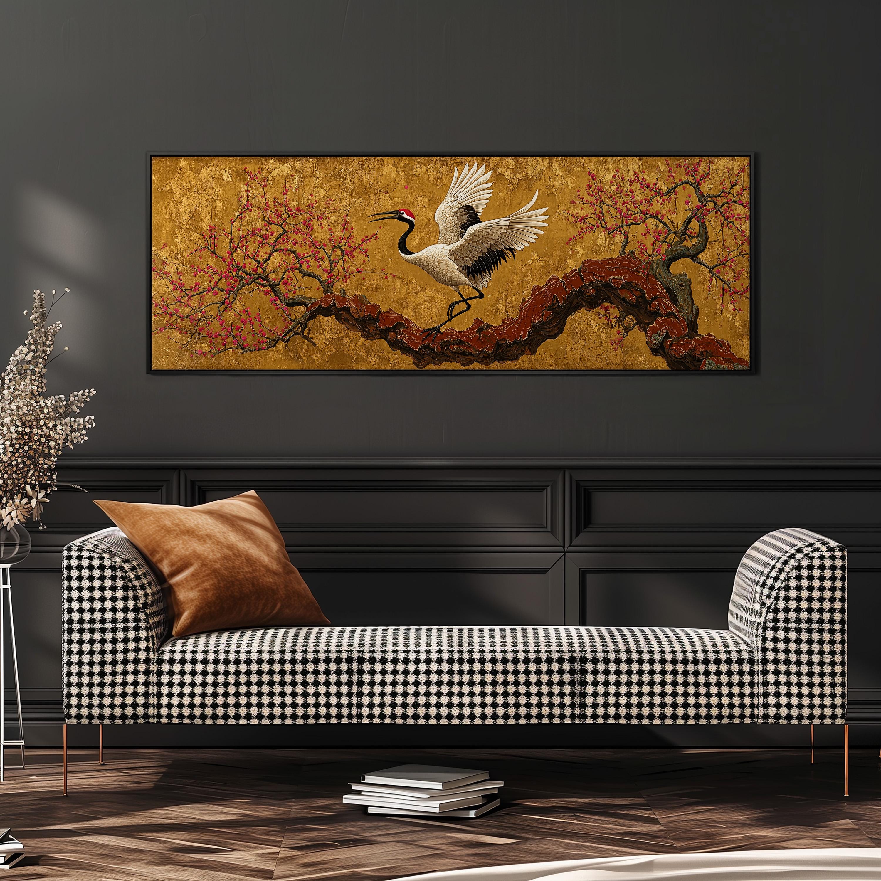 a large, colorful painting of a crane in flight, hanging on a wall above a black and white checkered sofa.