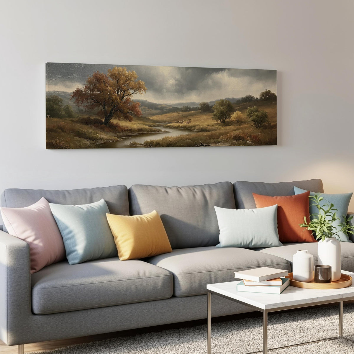 Autumn river valley under a stormy sky panoramic canvas print above a grey sofa in a living room
