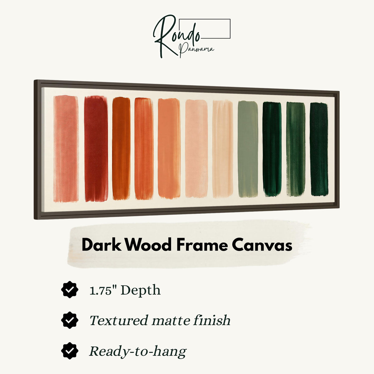 Brushed swatches from terracotta to forest green canvas print in a dark wood floating frame