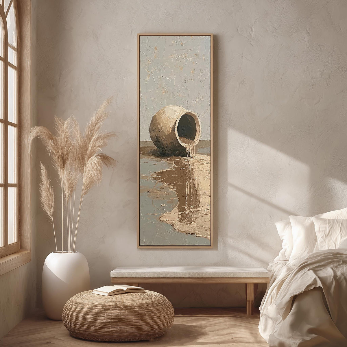 Overflowing clay jug long vertical canvas print in a sunlit living space