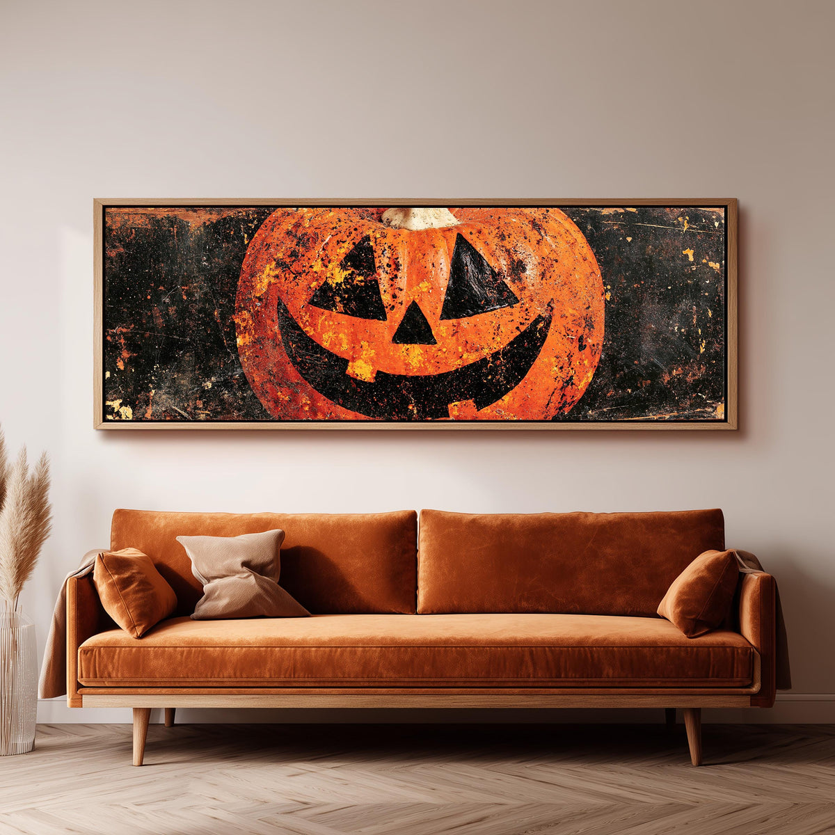 Rustic distressed jack-o'-lantern wide panoramic canvas print above a bench in a dark living room