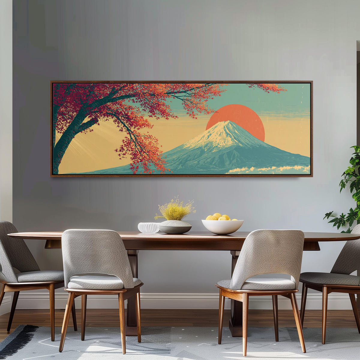 Autumn maple branch and Mount Fuji at sunset long horizontal canvas print above a dining table