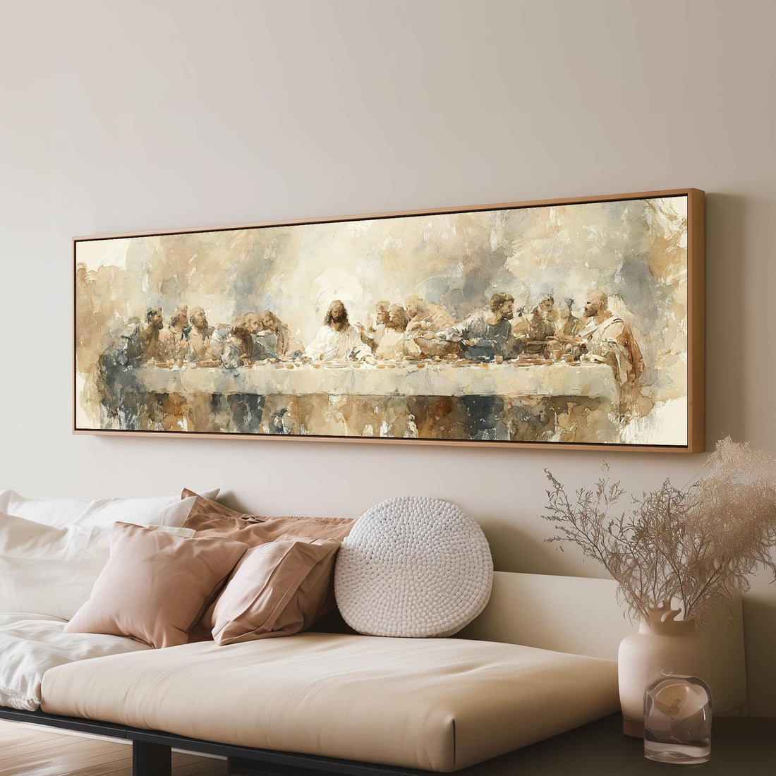The Last Supper in soft gold tones long horizontal canvas print above a sofa in a living room