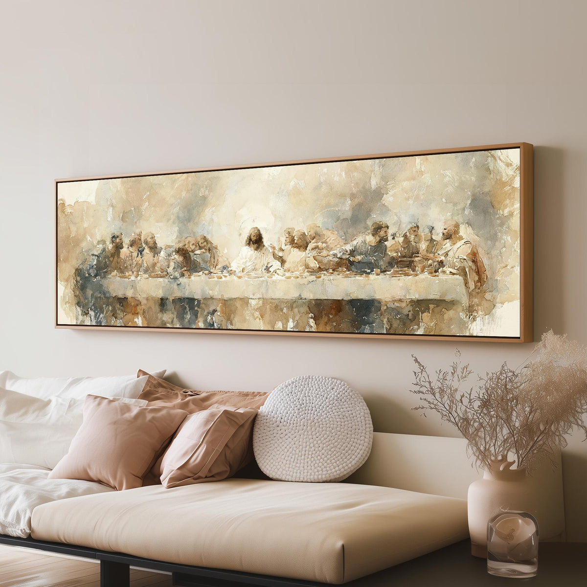 The Last Supper in soft gold tones long horizontal canvas print above a sofa in a living room