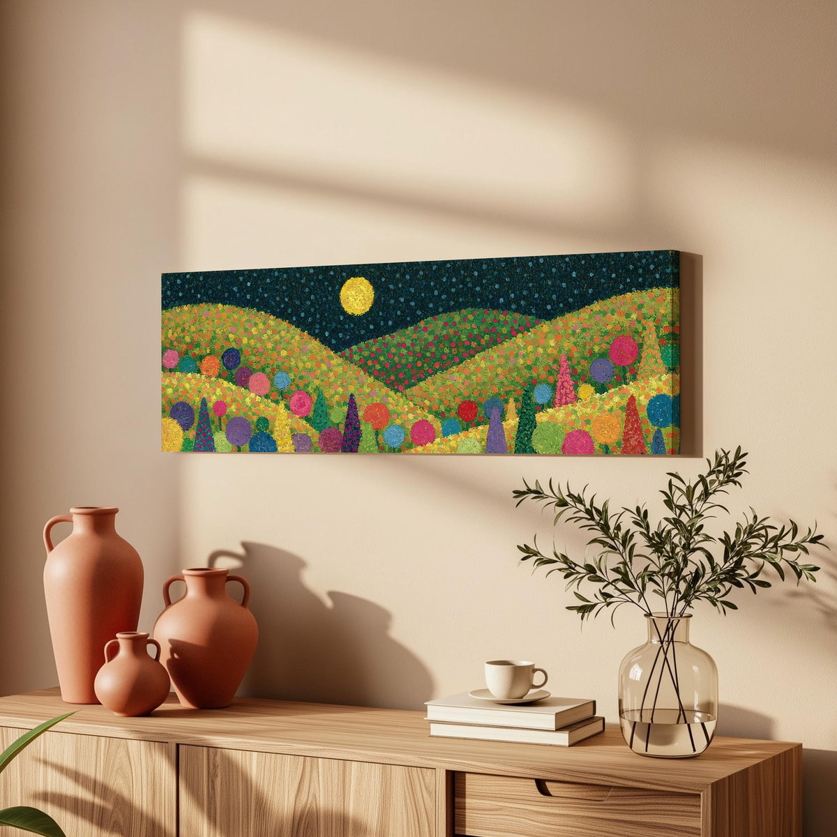 Moonlit pastel flower hills long horizontal canvas print above a wooden sideboard