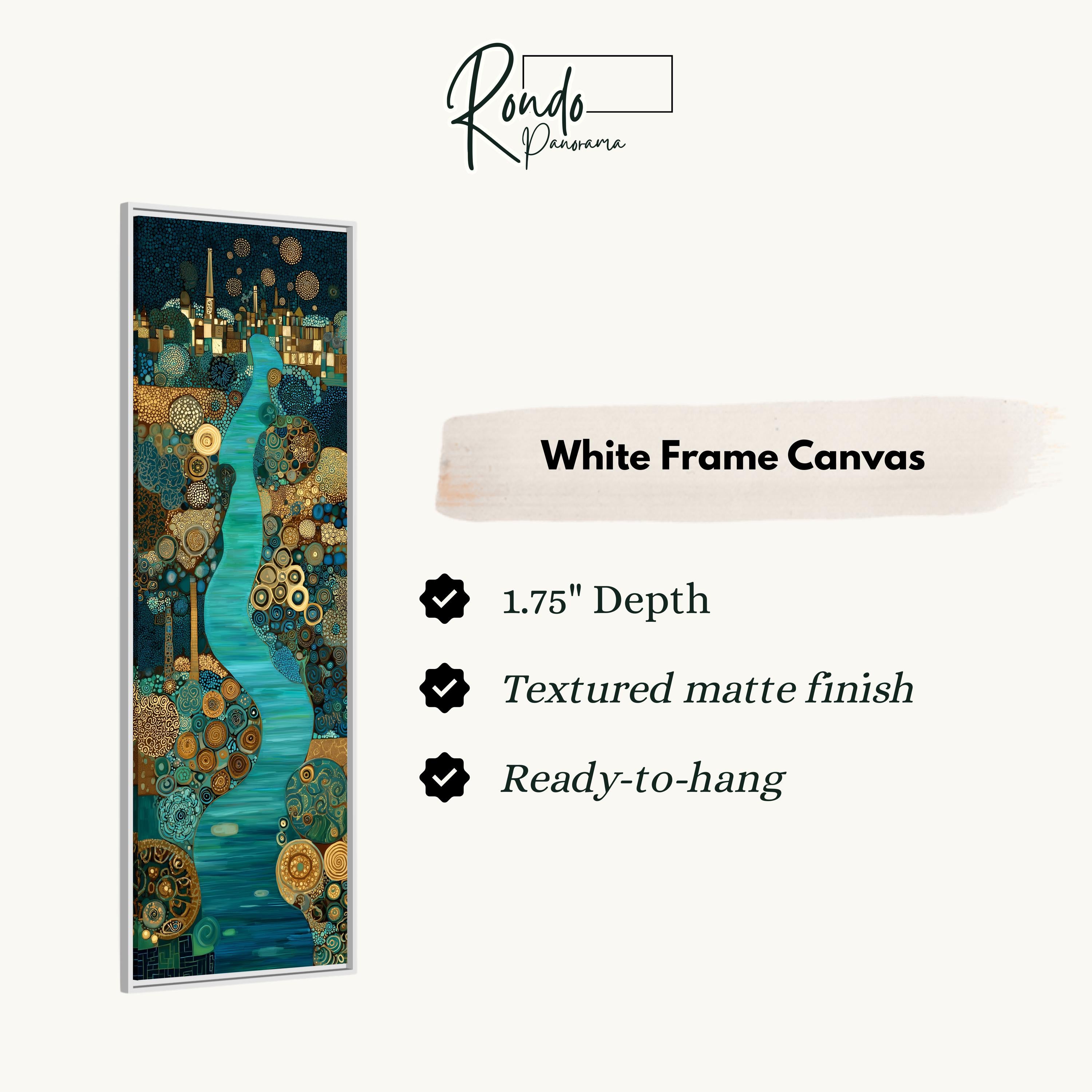 The image is a white frame canvas with a painting of a cityscape featuring a river and various elements.
