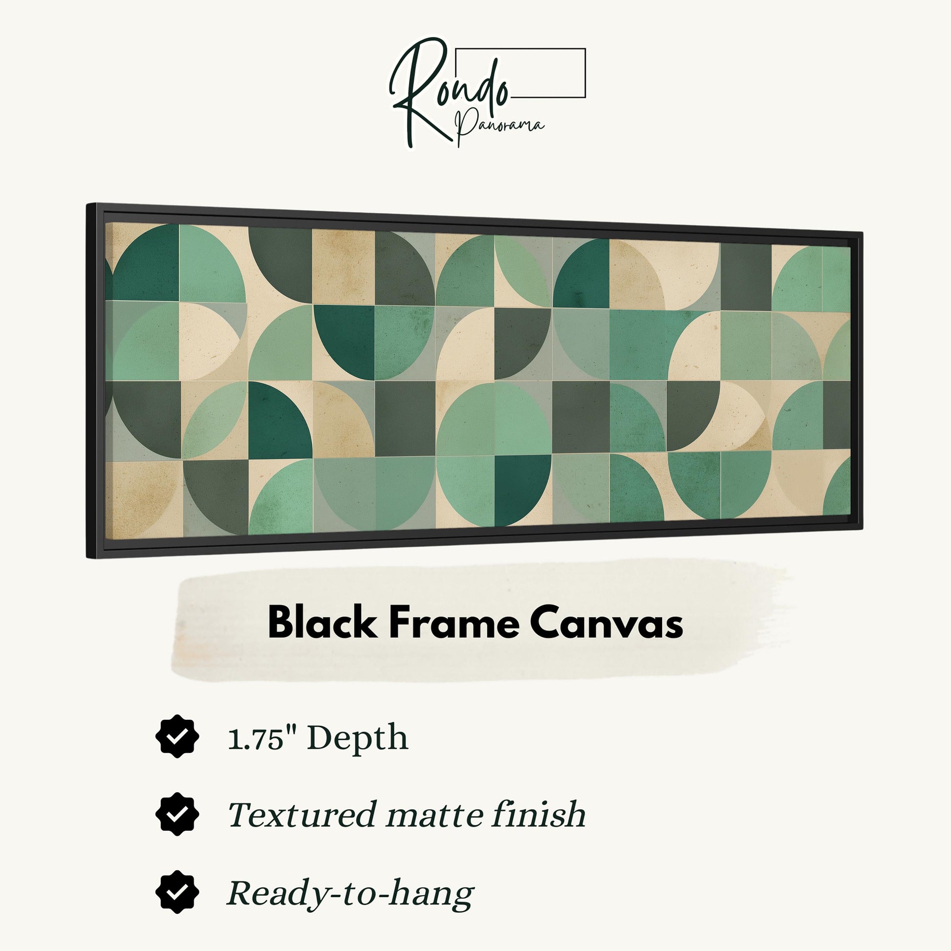 The image is a black frame canvas with a geometric pattern of overlapping circles in various shades of green and beige.