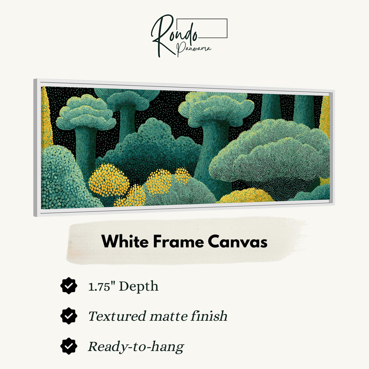 Teal dotted treetops canvas print in a white floating frame