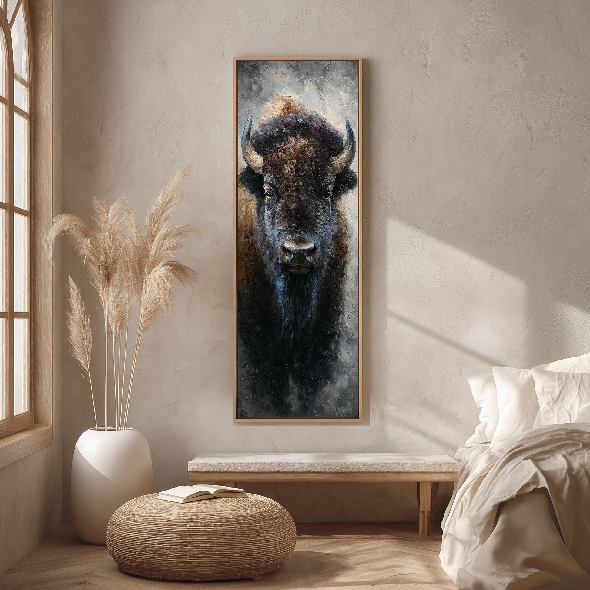 a large painting of a buffalo's face hanging on a wall in a room with a bed, a potted plant, and a woven ottoman.