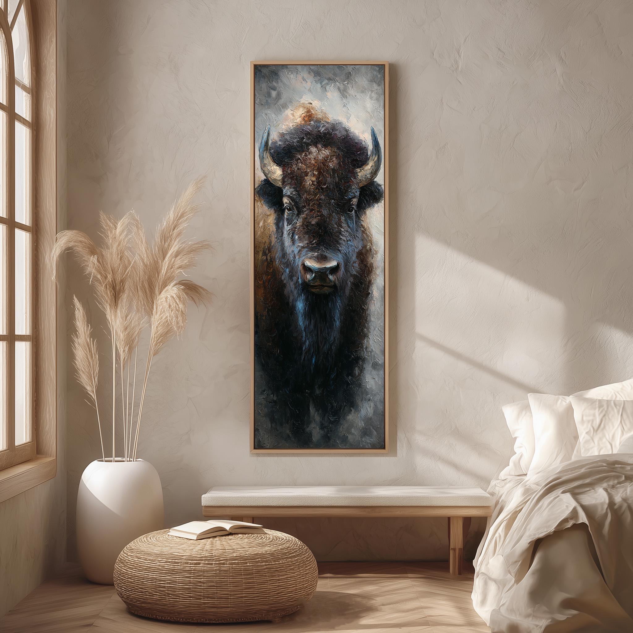 a large painting of a buffalo's face hanging on a wall in a room with a bed, a potted plant, and a woven ottoman.
