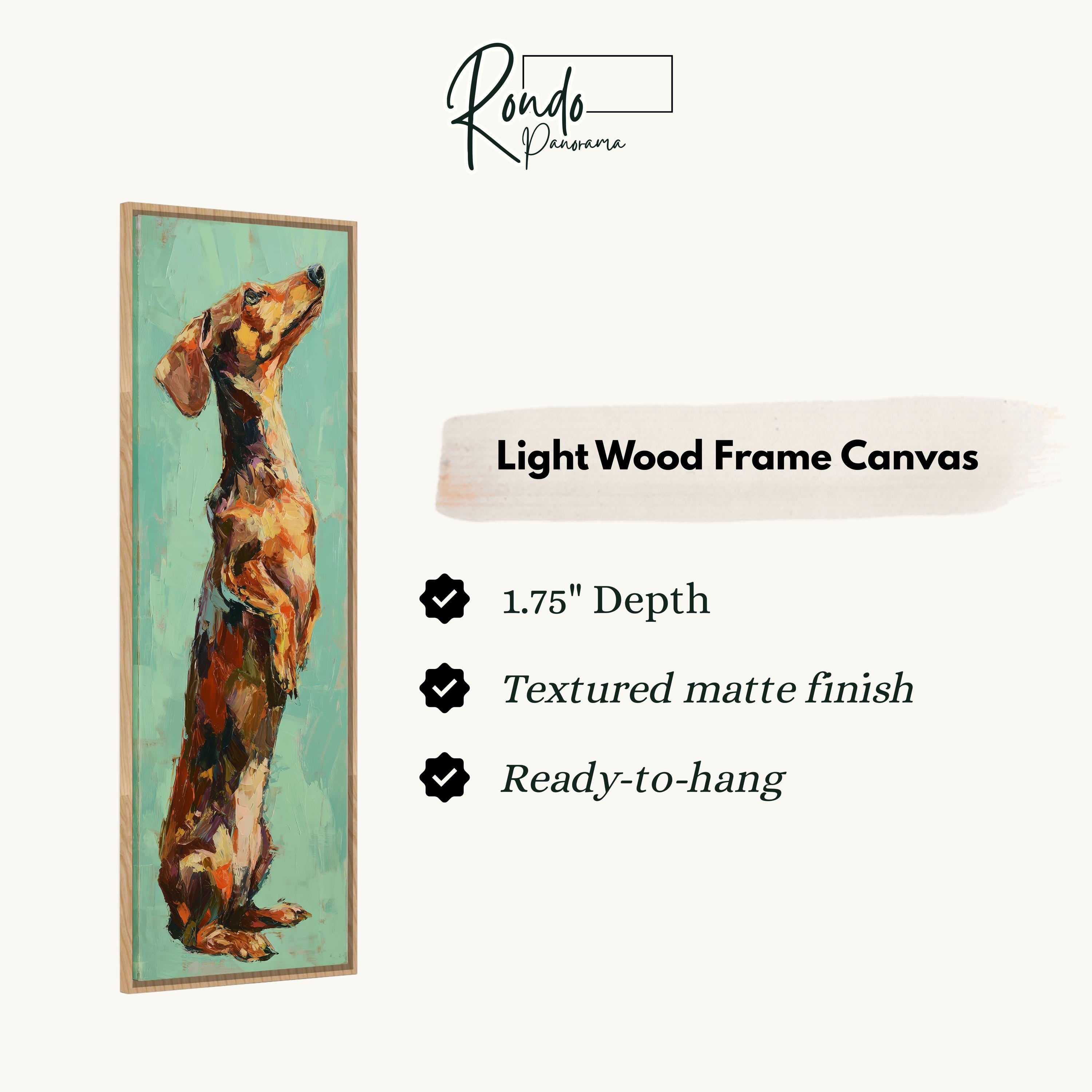 The image is a light wood frame canvas featuring a painting of a dachshund dog.