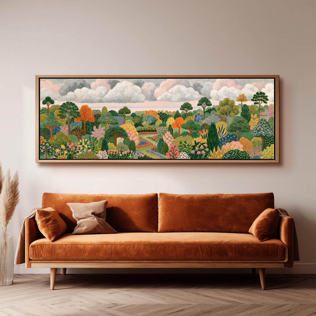 Autumn folk art forest of patterned trees long horizontal canvas print above a sofa in a living room