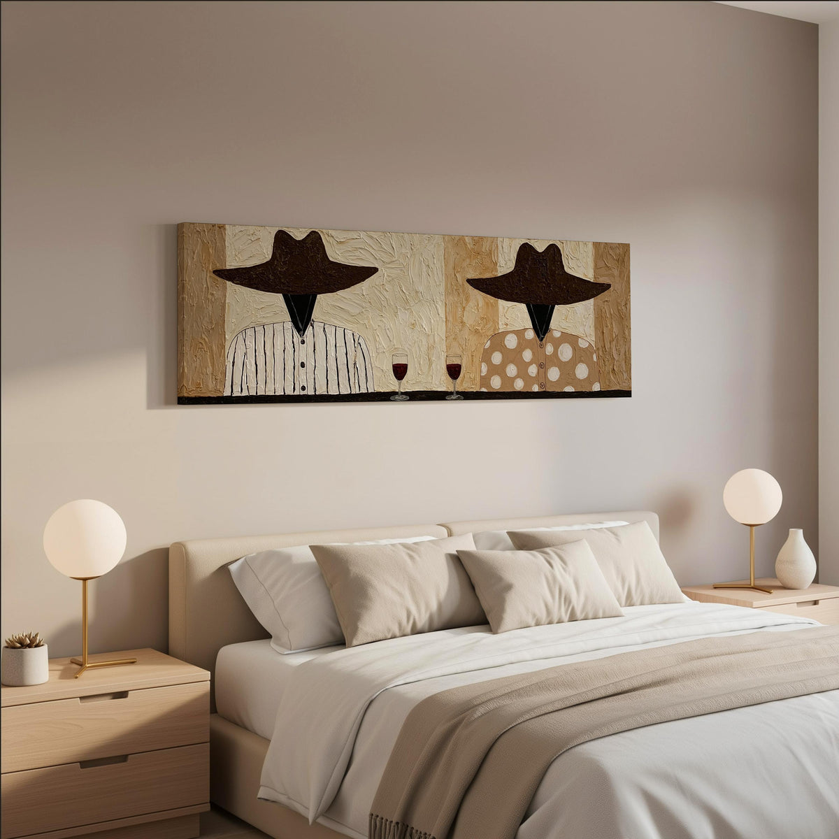 Two folk figures in hats toasting with red wine wide panoramic canvas print above a bed in a neutral bedroom