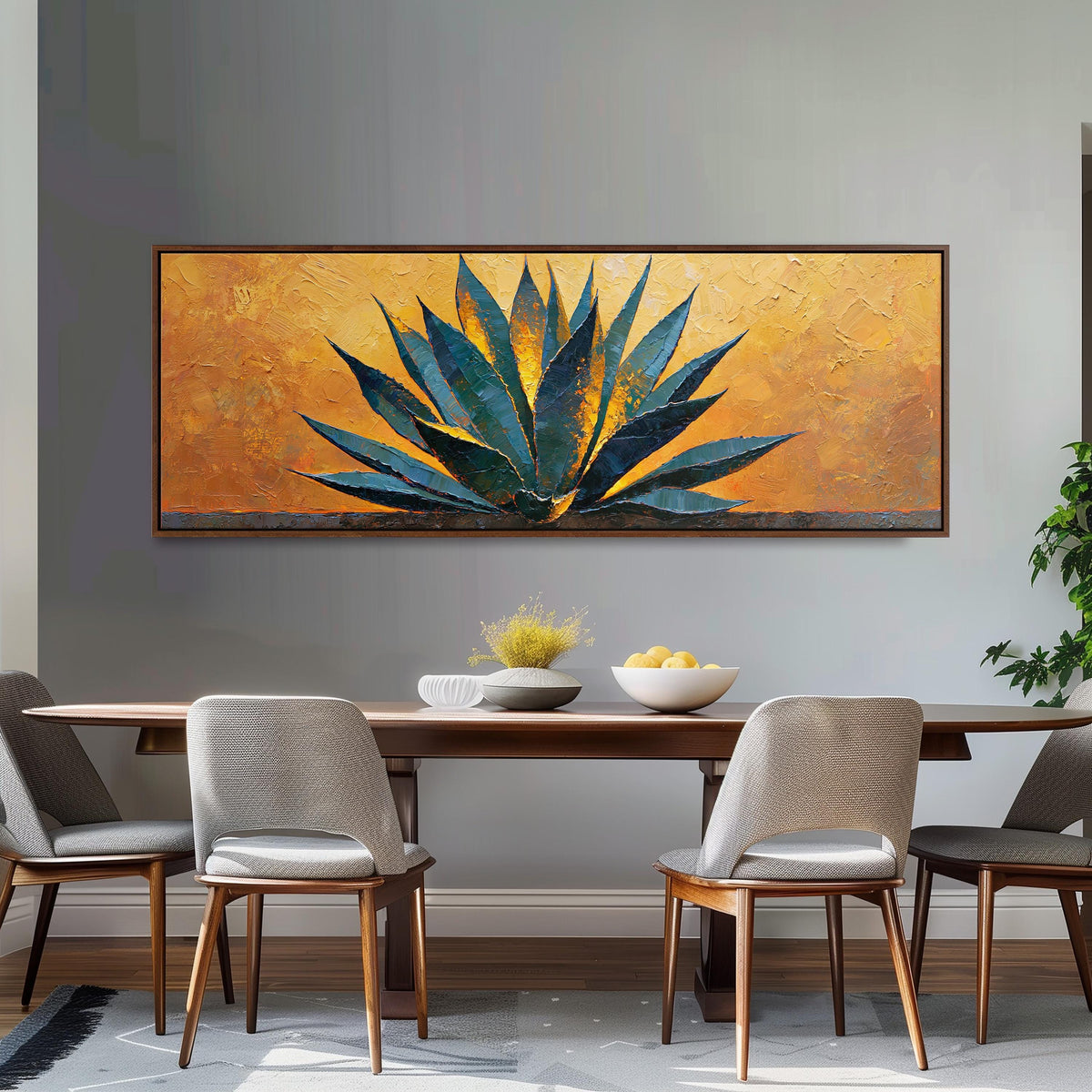 Blue agave on a textured gold background long horizontal canvas print above a dining table