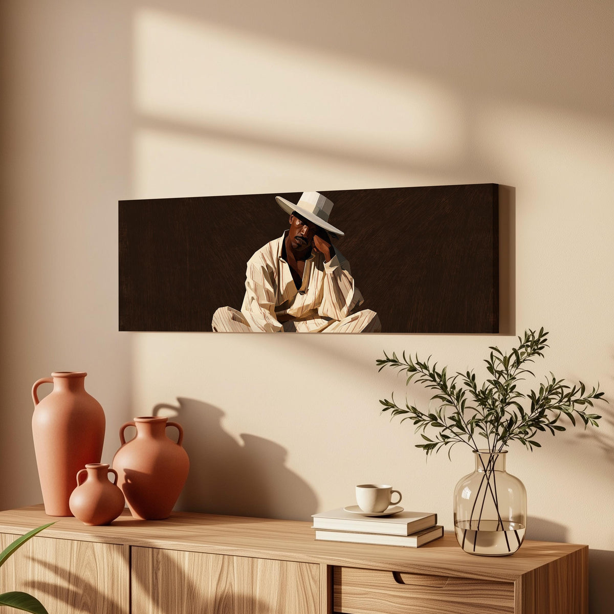 Pensive man in a white hat on brown long horizontal canvas print above a wooden sideboard