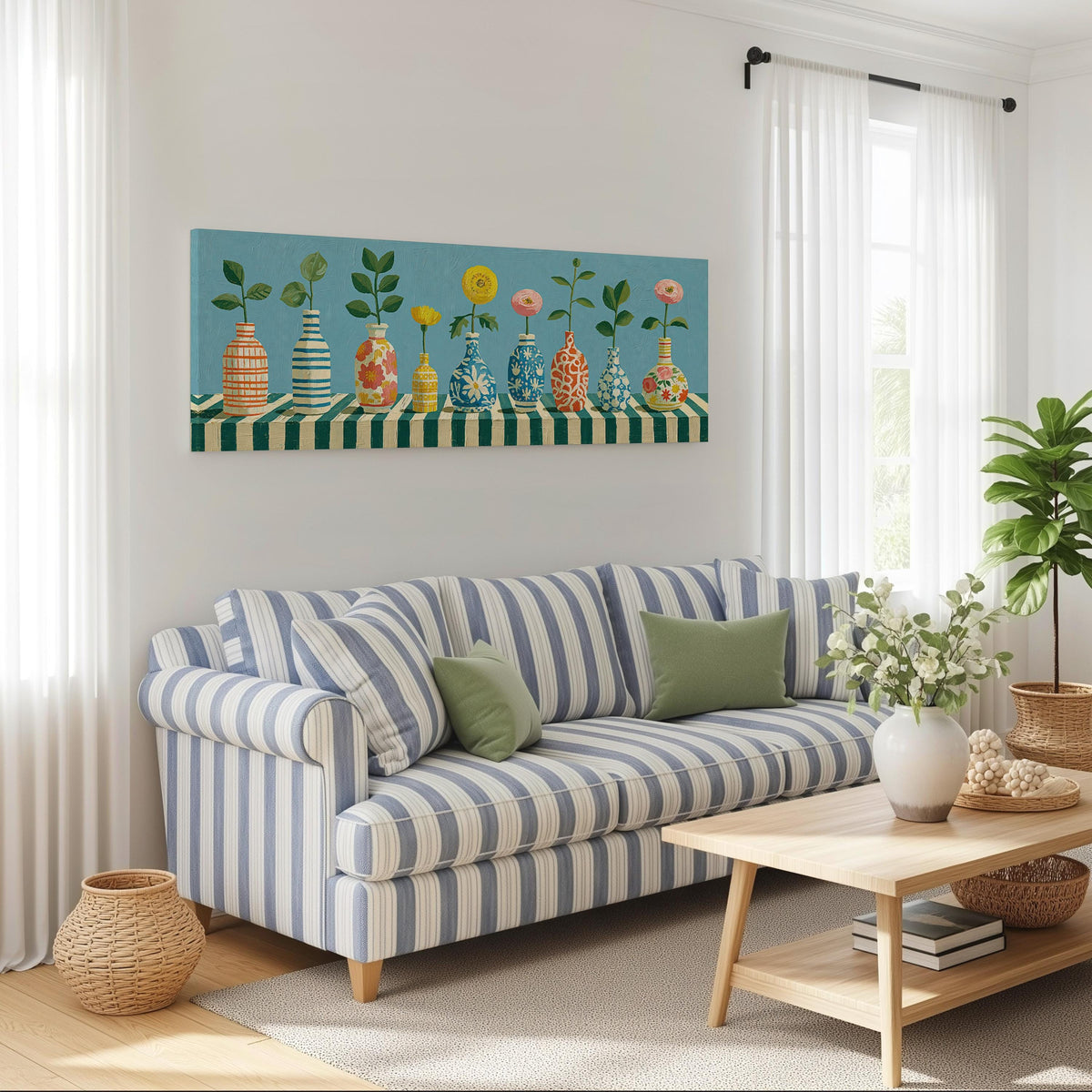 Row of striped vases with flowers long horizontal canvas print above a striped sofa in a coastal living room