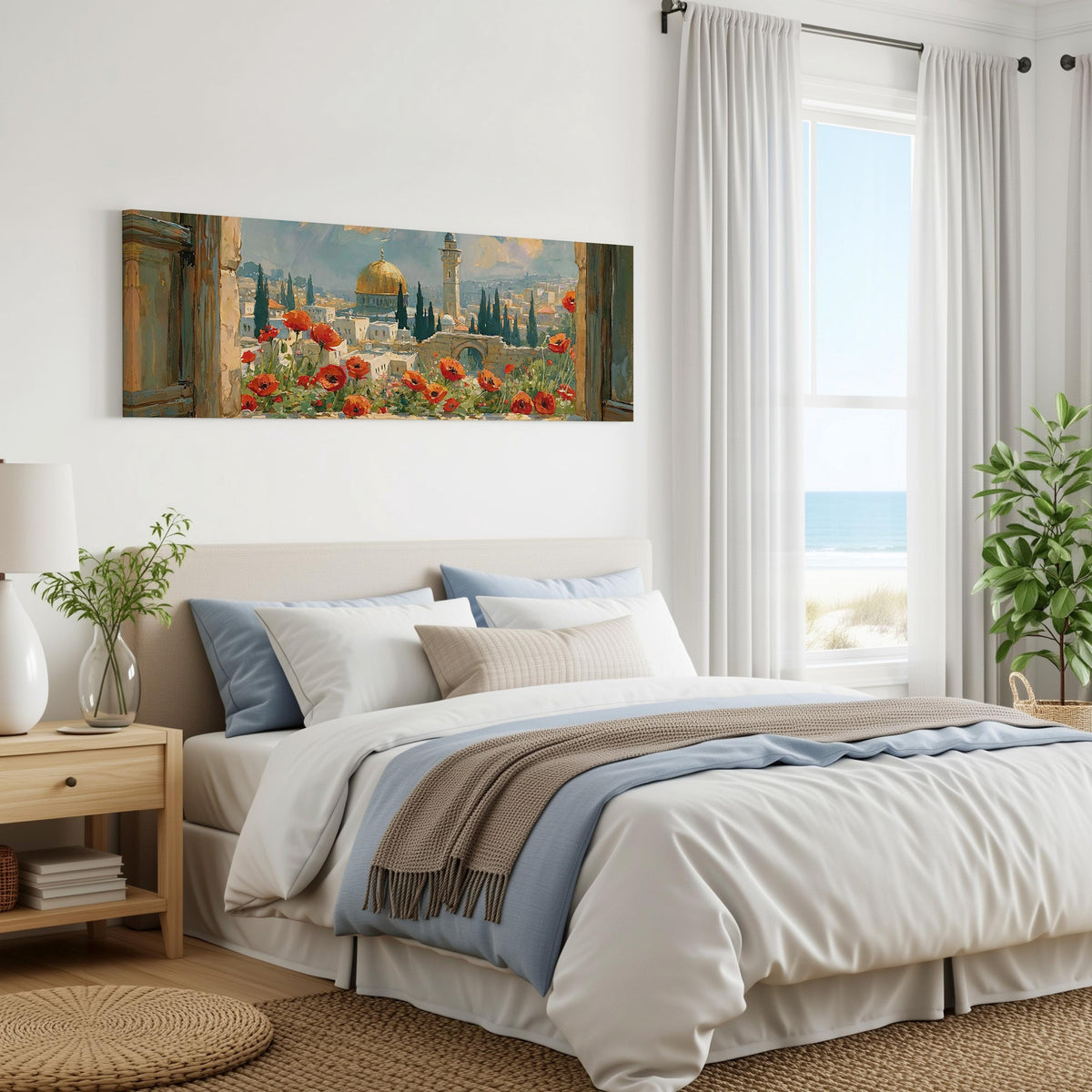 Jerusalem skyline through a window with poppies panoramic canvas print above a bed in a coastal bedroom