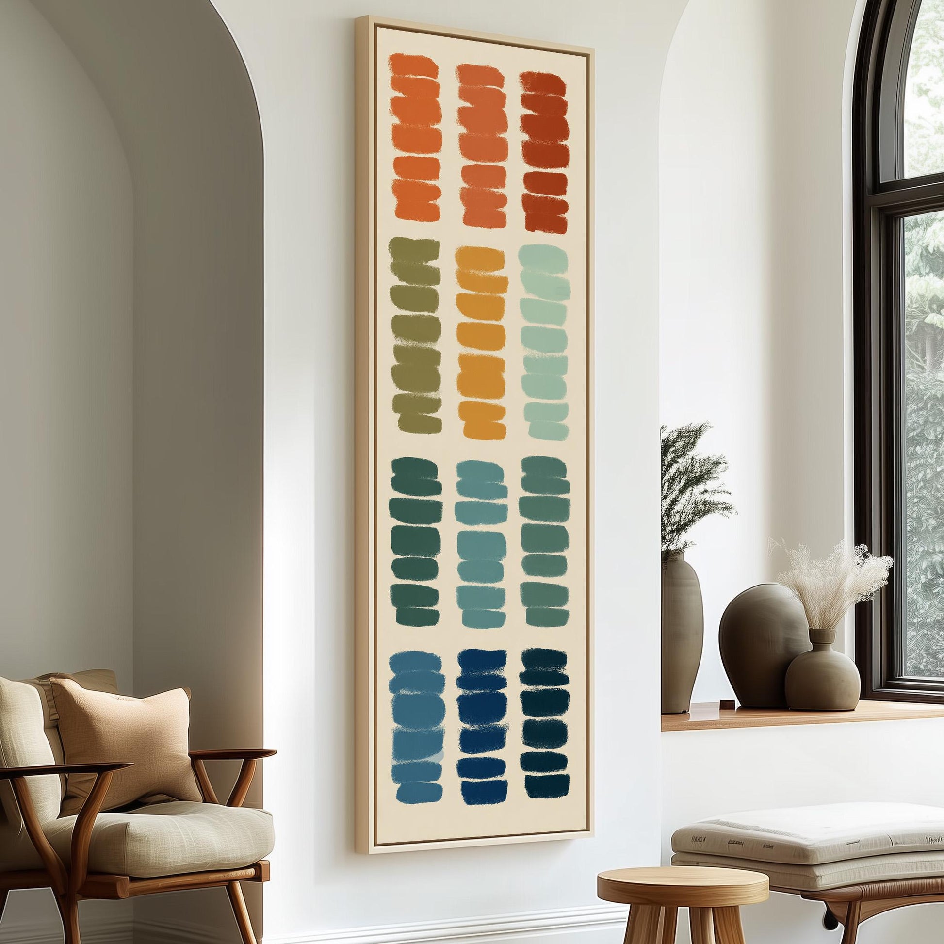 a modern living room with a large abstract painting hanging on the wall. The painting consists of vertical stripes in various colors, creating a vibrant and dynamic visual effect. The room is furnished with a chair, a table, and a window, creating a cozy and inviting atmosphere.