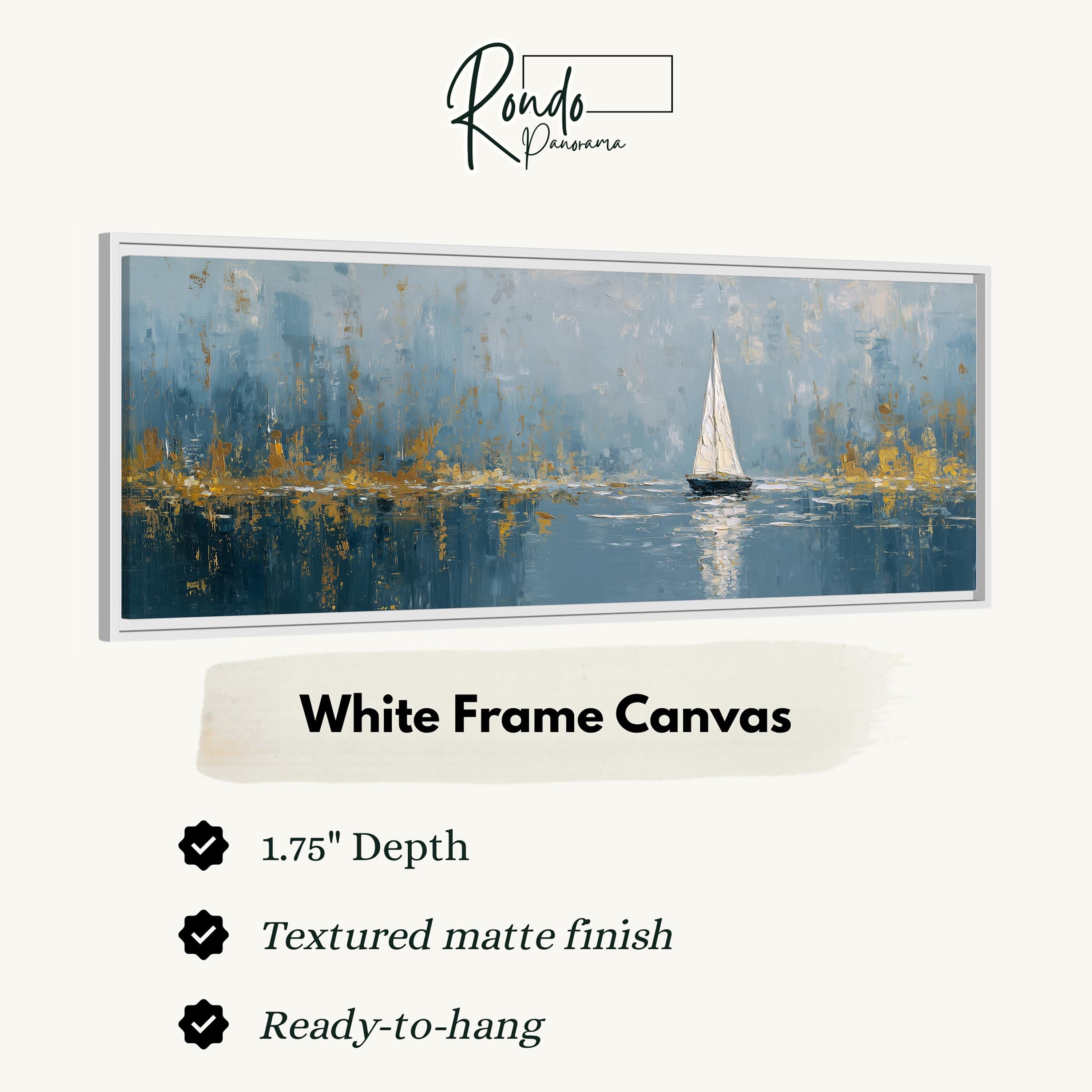 The image is a framed artwork depicting a sailboat on a body of water, with a textured matte finish and a 1.75" depth.