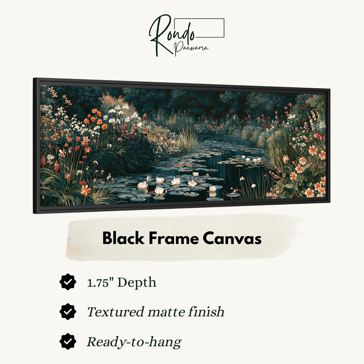 Lily pond surrounded by wildflowers canvas print in a black floating frame