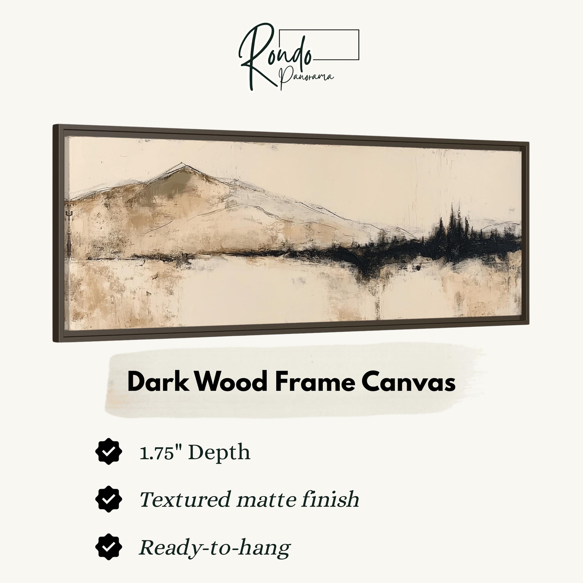 The image is a framed artwork depicting a landscape with mountains and trees.