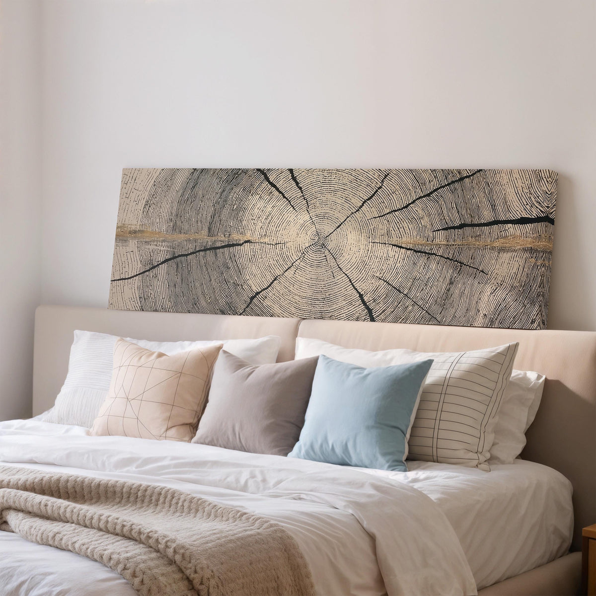 Pale gold wood ring wide panoramic canvas print above a bed in a bedroom